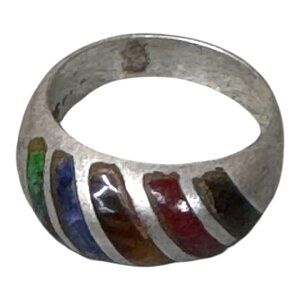 Vtg Sterling Silver 925 Multi Gemstone Inlay Band Ring Tigers Eye Malachite Sz 6